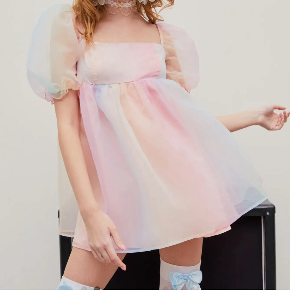 Mesh Puff Sleeve Square Neck Mini Dress